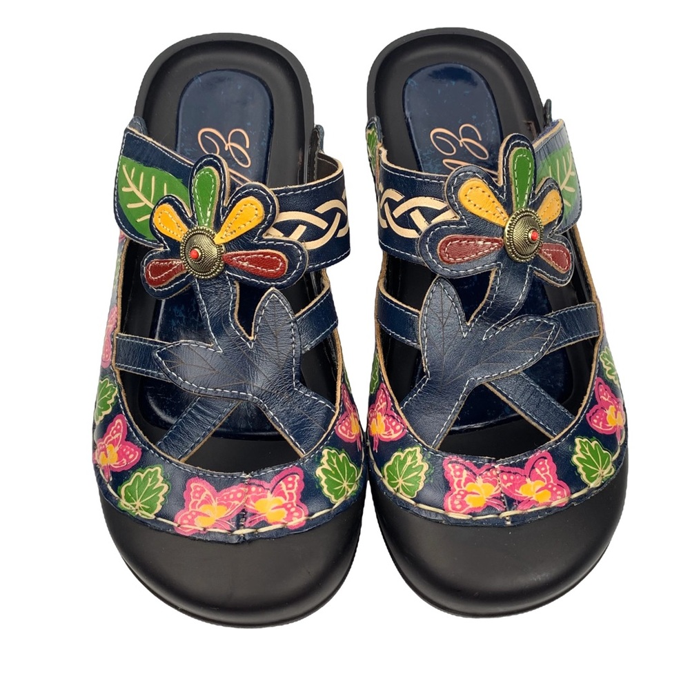 Elite by corkys flats sz 39 multicolored floral rubber slip on mules fairycore
